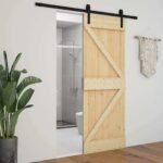 Sliding Door Natural and Black 90 x 210 cm Solid Pine Wood